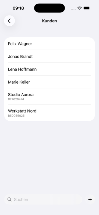 Kundenliste in iMaker, mit Privatpersonen und Firmen samt Steuernummer