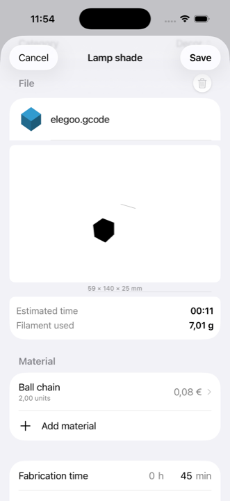 Eine geslicete G-Code-Datei an einem Produkt in iMaker, mit 3D-Ansicht des Teils und der vom Slicer geschätzten Zeit und Filamentmenge