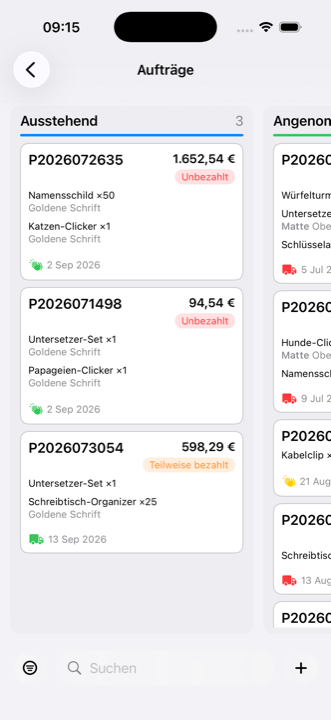 Auftragsboard in iMaker mit Karten, die in Statusspalten gruppiert sind