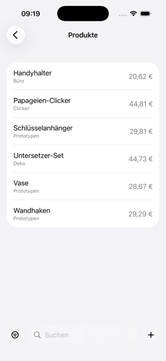 Produktkatalog in iMaker, jeweils mit Kategorie und Preis