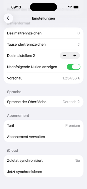 Einstellungen von iMaker mit Währung, Zahlenformat und Sprache der Oberfläche