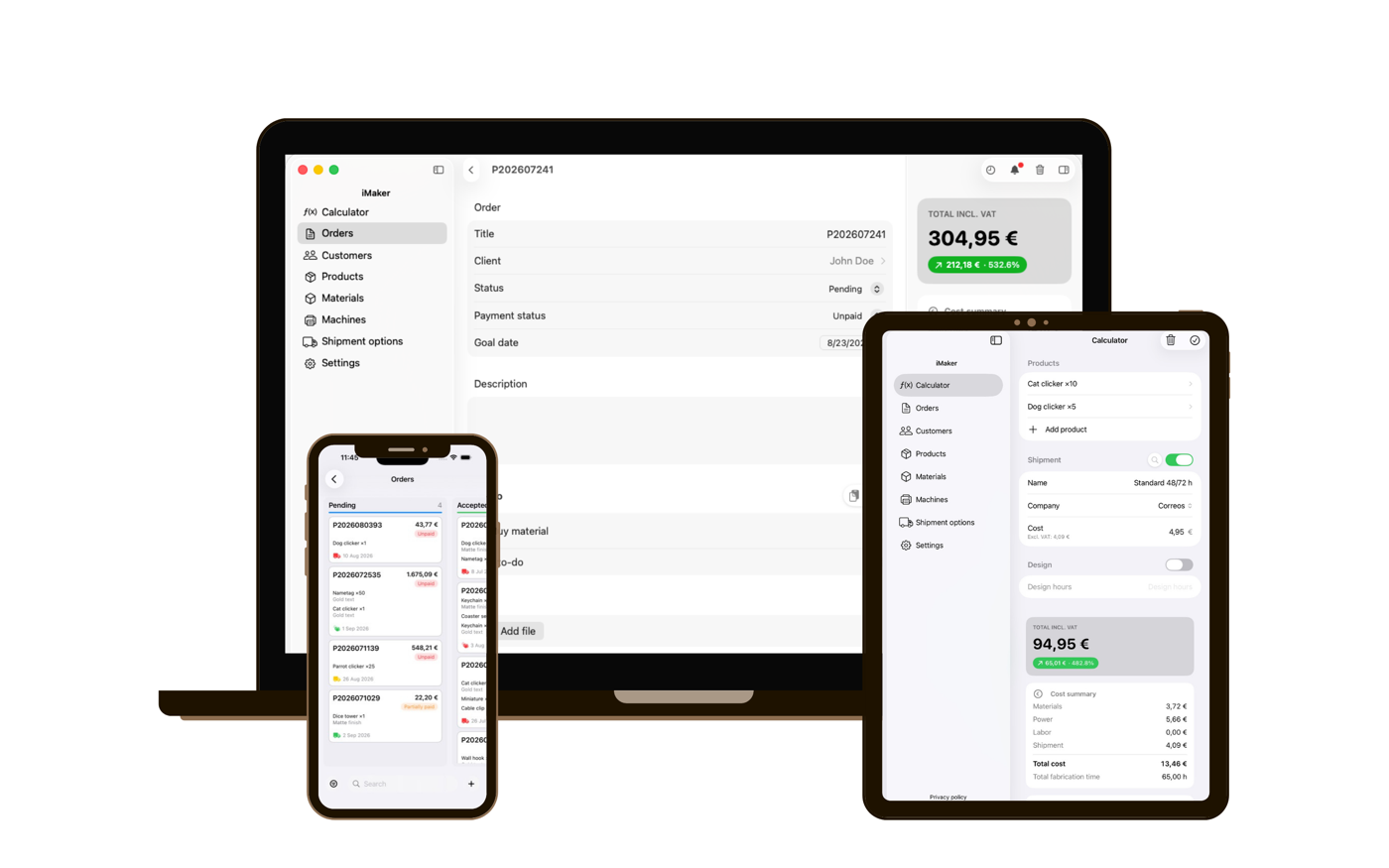 iMaker funcionando a la vez en un MacBook, un iPad y un iPhone, con los mismos pedidos en los tres
