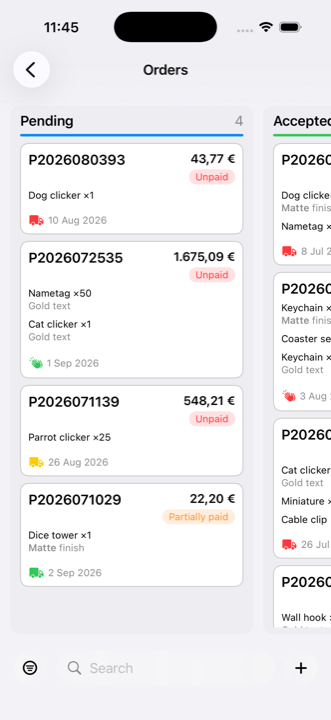 Order board in iMaker showing cards grouped into status columns
