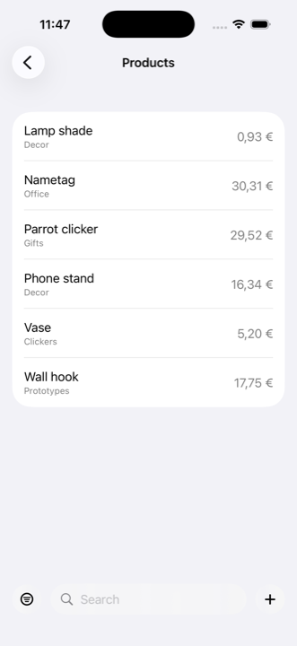 Product catalogue in iMaker, each with its category and price