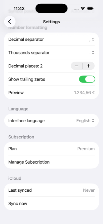 iMaker settings screen with currency, number formatting and interface language