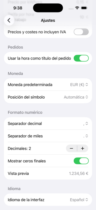 Pantalla de ajustes de iMaker con la moneda, el formato numérico y el idioma de la interfaz