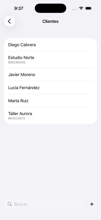 Lista de clientes en iMaker, con particulares y empresas identificadas por su NIF