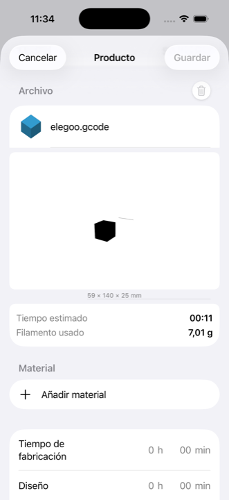 Un archivo G-code laminado adjunto a un producto en iMaker, con la vista 3D de la pieza y el tiempo y filamento estimados por el laminador