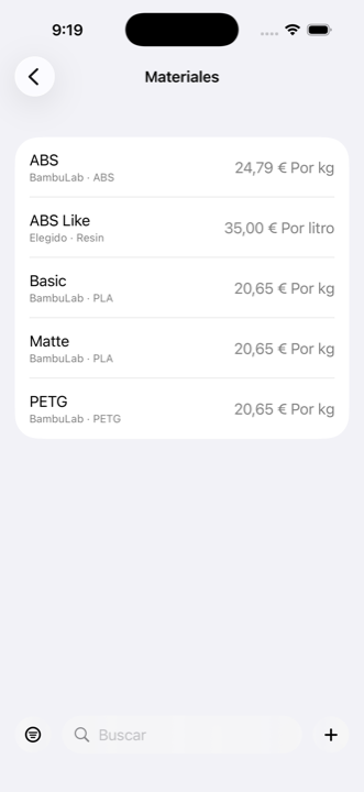 Lista de materiales en iMaker, cada uno con su marca, tipo y precio por kilo o litro