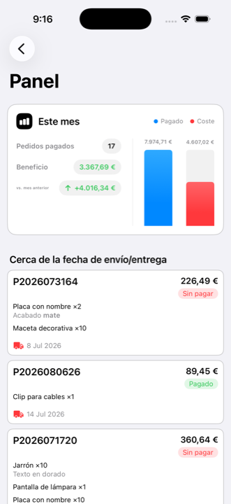 Panel de iMaker en un iPhone, con el resumen económico del mes y los pedidos próximos a entregar