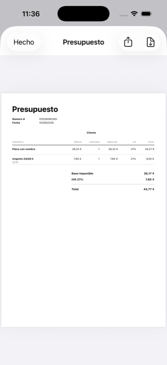 Vista previa del presupuesto en PDF dentro de iMaker, con el detalle por líneas y el desglose de IVA