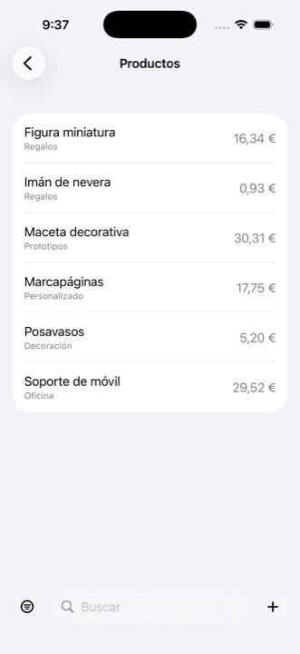 Catálogo de productos en iMaker, cada uno con su categoría y su precio