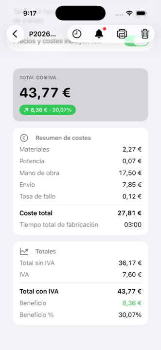 Resumen de costes de un pedido en iMaker, con materiales, potencia, mano de obra, envío, tasa de fallo y el beneficio resultante