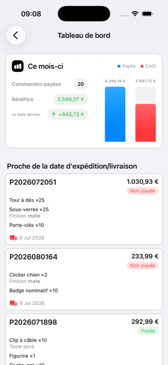Le tableau de bord d’iMaker sur iPhone, avec le bilan financier du mois et les commandes les plus proches de la livraison