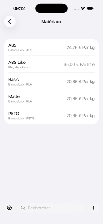 Liste des matières dans iMaker, chacune avec sa marque, son type et son prix au kilo ou au litre