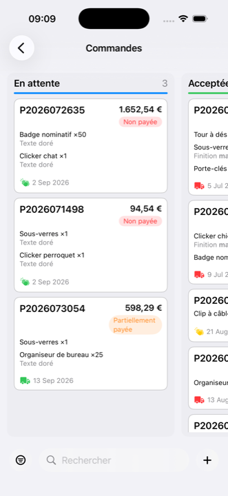 Tableau des commandes dans iMaker, avec les cartes regroupées en colonnes par statut