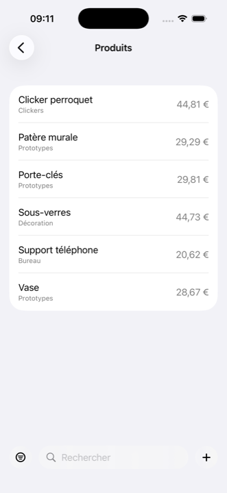 Catalogue de produits dans iMaker, chacun avec sa catégorie et son prix