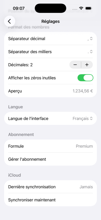 Écran des réglages d’iMaker avec la devise, le format numérique et la langue de l’interface