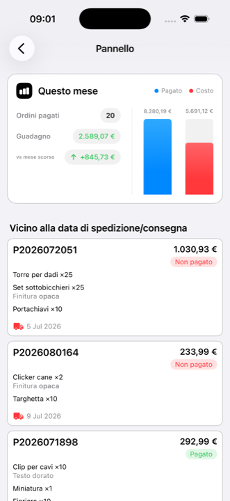 La dashboard di iMaker su iPhone, con il riepilogo economico del mese e gli ordini più vicini alla consegna