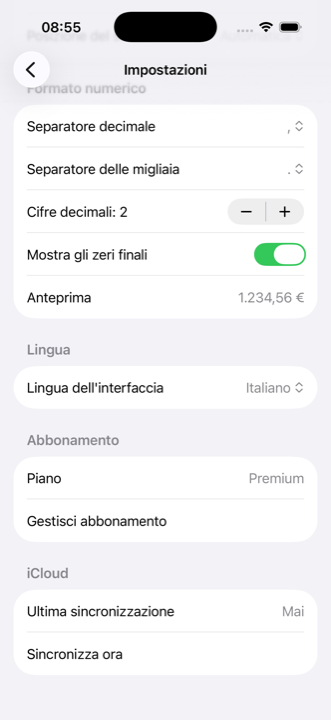 Schermata delle impostazioni di iMaker con valuta, formato numerico e lingua dell’interfaccia